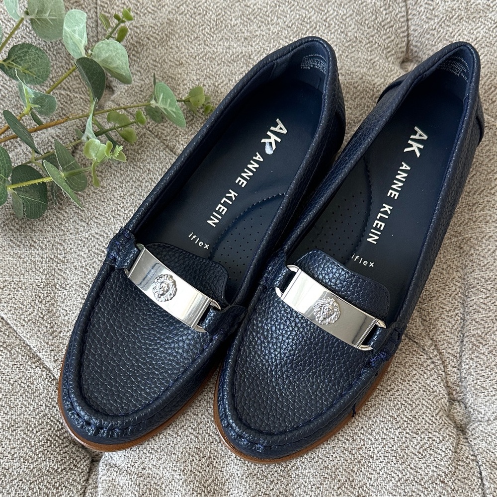 Anne Klein Navy Pebbled Leather Loafers with Silver Accent